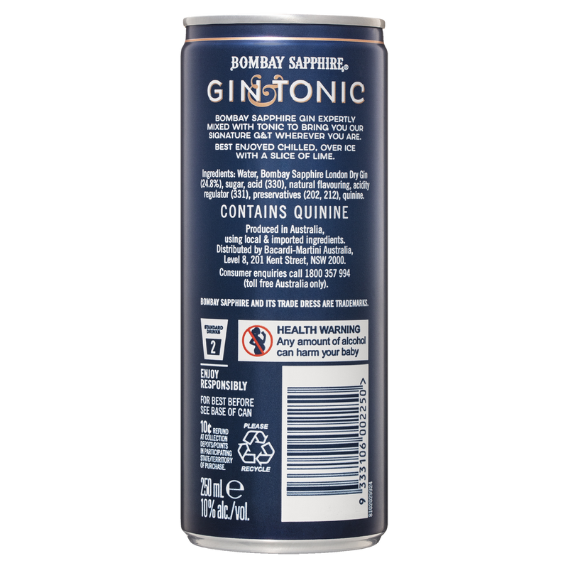 BOMBAY SAPPHIRE GIN & TONIC DOUBLE SERVE 10% CANS
