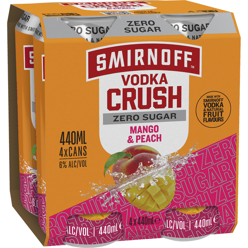 SMIRNOFF CRUSH ZERO SUGAR PEACH & MANGO 440ML CANS